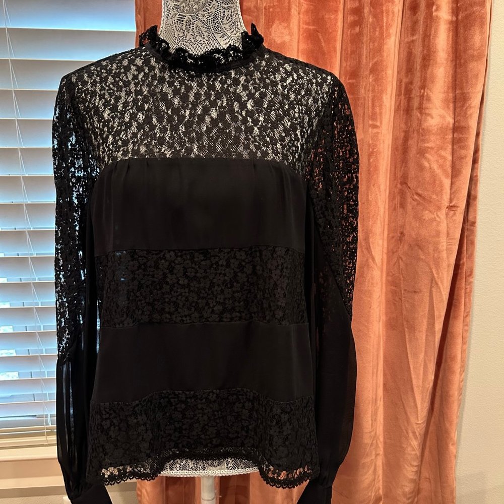 Nanette Lepore Long Sleeved Lace & Sheer Blouse
